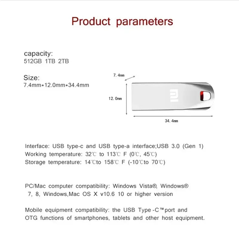 USB 2 TERABYTE Metal  3.0 Flash Drives High Speed Pendrive 1TB 512GB Usb Drive Portable SSD Memoria Usb Flash Disk TYPE-C Adapter